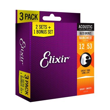 Cordes de guitare acoustique Elixir 80/20 Bronze 12-53 - Pack de 3 sets