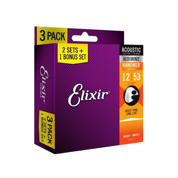 Akustische Gitarrensaiten Elixir 80/20 Bronze 12-53 - Packung mit 3 Sätzen